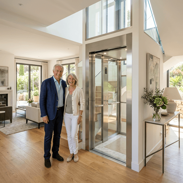 Personne souriante à côté d'un ascenseur privatif moderne dans une maison